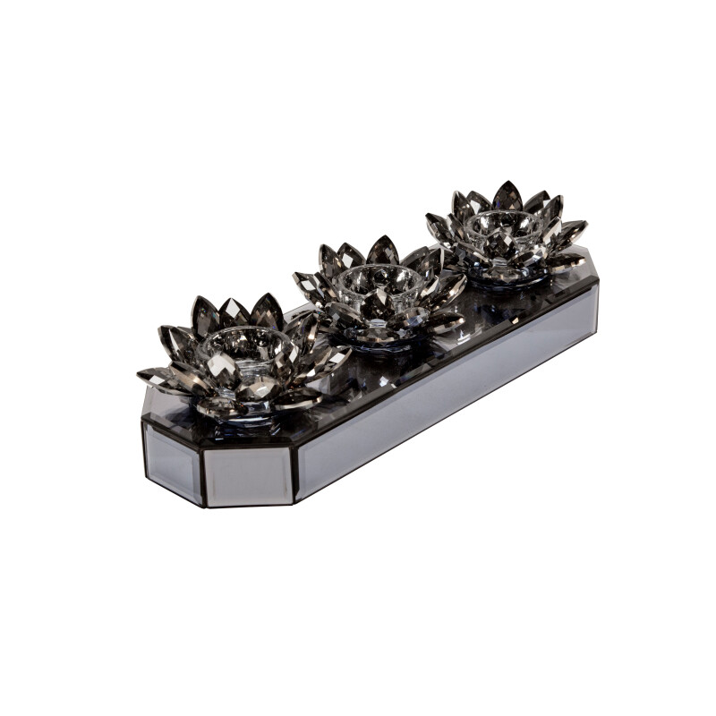 15379 02 Black Glass 13 Inch 3 Lotus Mirrored Candle Holder Black 3