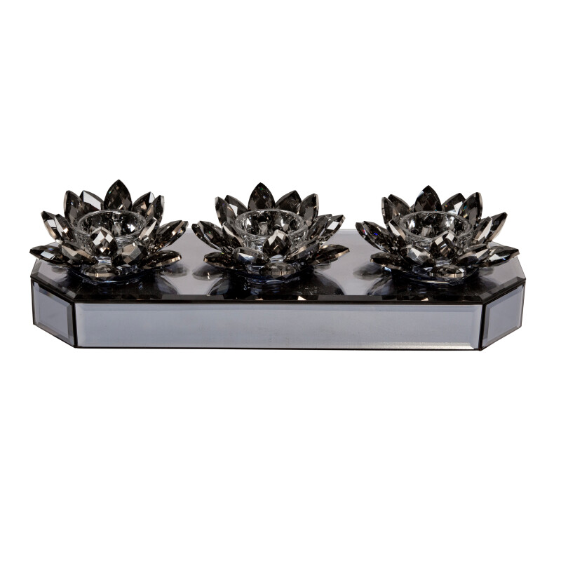 15379 02 Black Glass 13 Inch 3 Lotus Mirrored Candle Holder Black 4