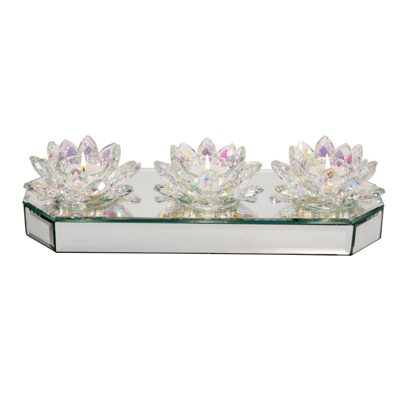 15379-03 Glass 13 Inch 3 Lotus Mirrored Candle Holder Rainbow