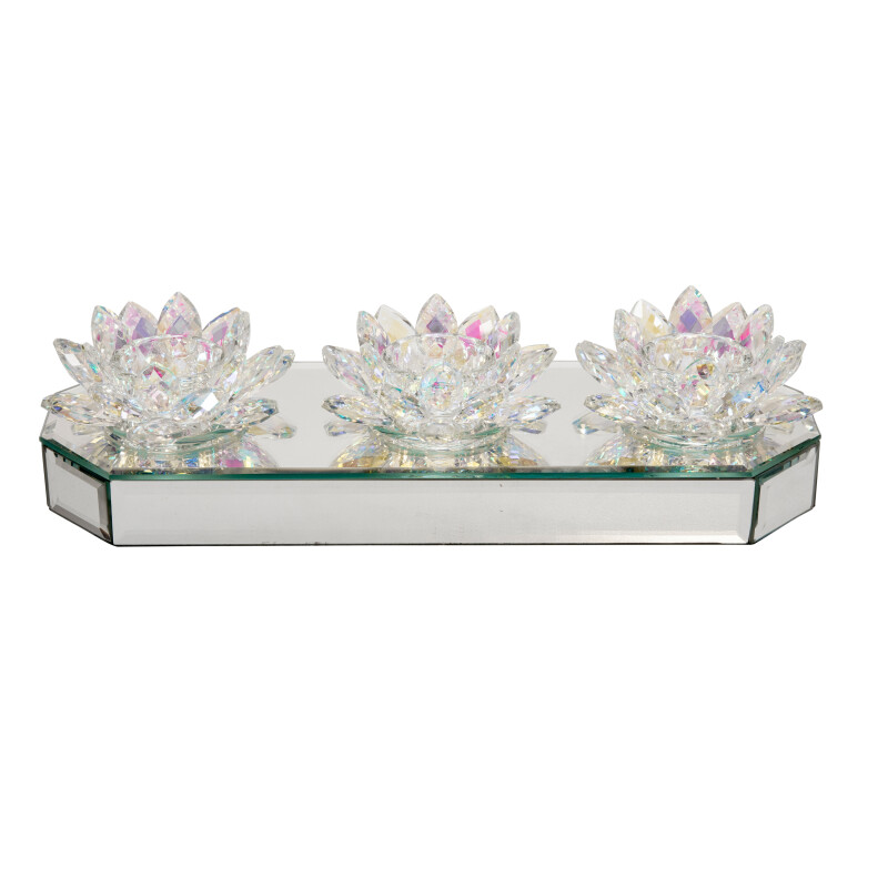 15379 03 Multi Glass 13 Inch 3 Lotus Mirrored Candle Holder Rainbow 4