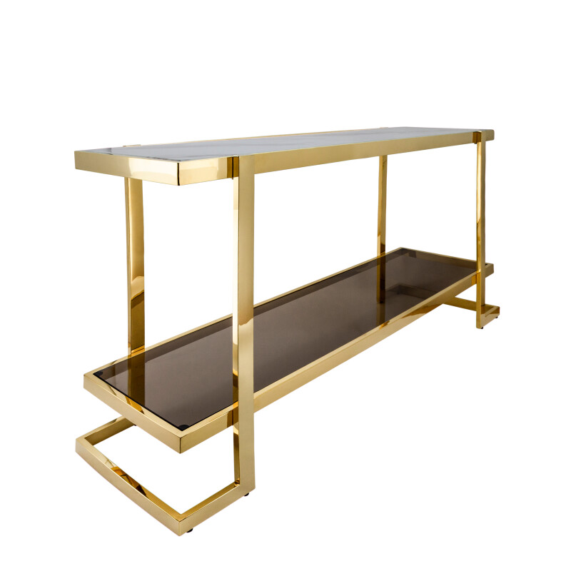 15440 Gold Metal Marble Glass Console Table Gold White Kd 2