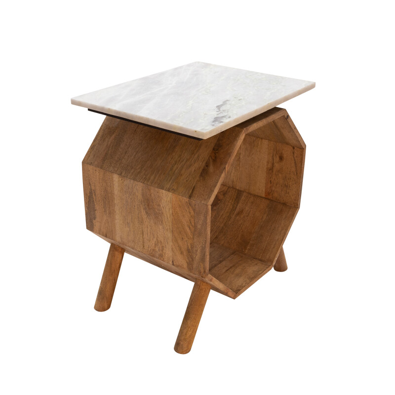 15460 Wood/Marble Hexagon Side Table Brown
