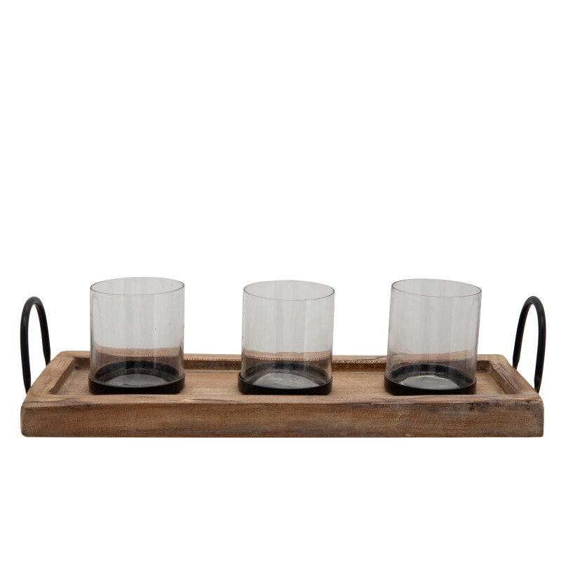 18 Inch 3-Candle Holders On A Tray Brown