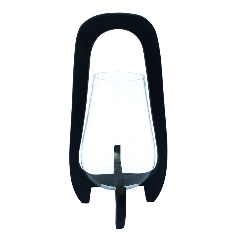 15628-02 15 Inch Glass Lantern W/ Wood Handle Black