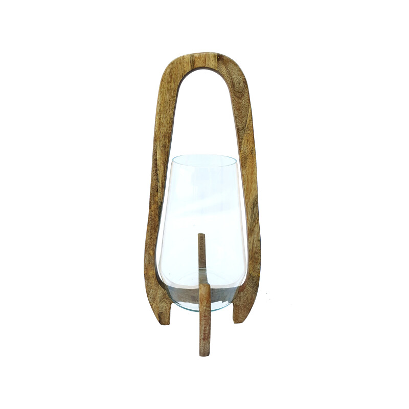 15629-01 18 Inch Glass Lantern W/ Wood Handle Natural