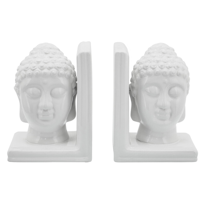 15885 8 Inch Buddha Heads Bookends White - Set Of Two