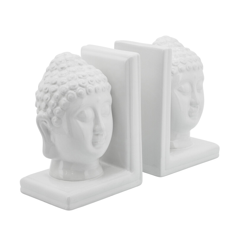 15885 8 Inch Buddha Heads Bookends White - Set Of Two