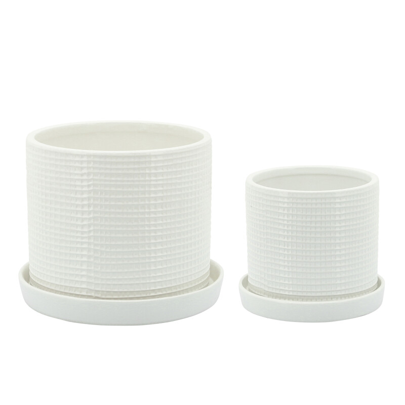 15912-05 Weave Planters W/ Sauceramic6/8 Inch White - Set Of Two
