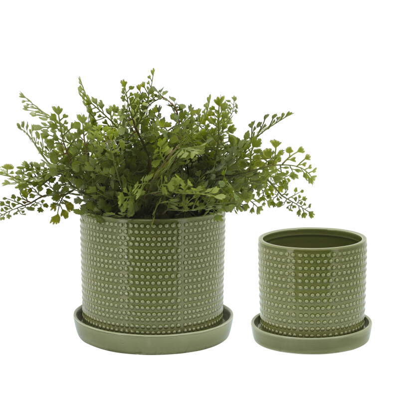 15912-06 Dotted Planters W/ Sauceramic6/8 Inch Green - Set Of Two