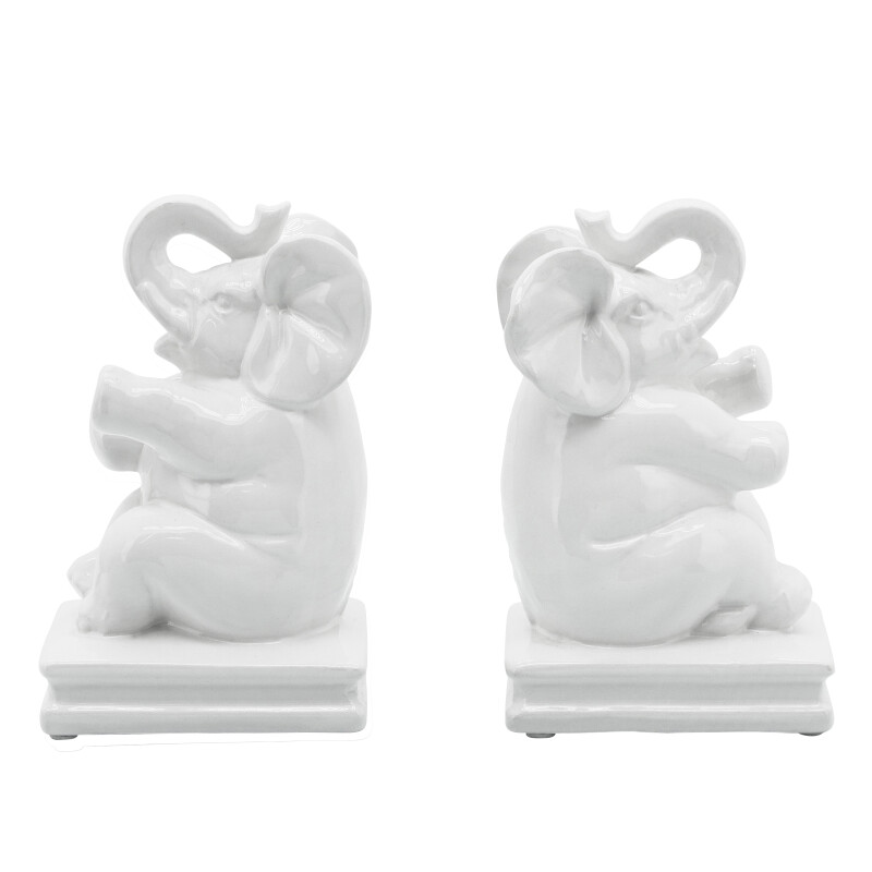 15924-01 White Ceramic S/2 7 Inch Elephant Bookends