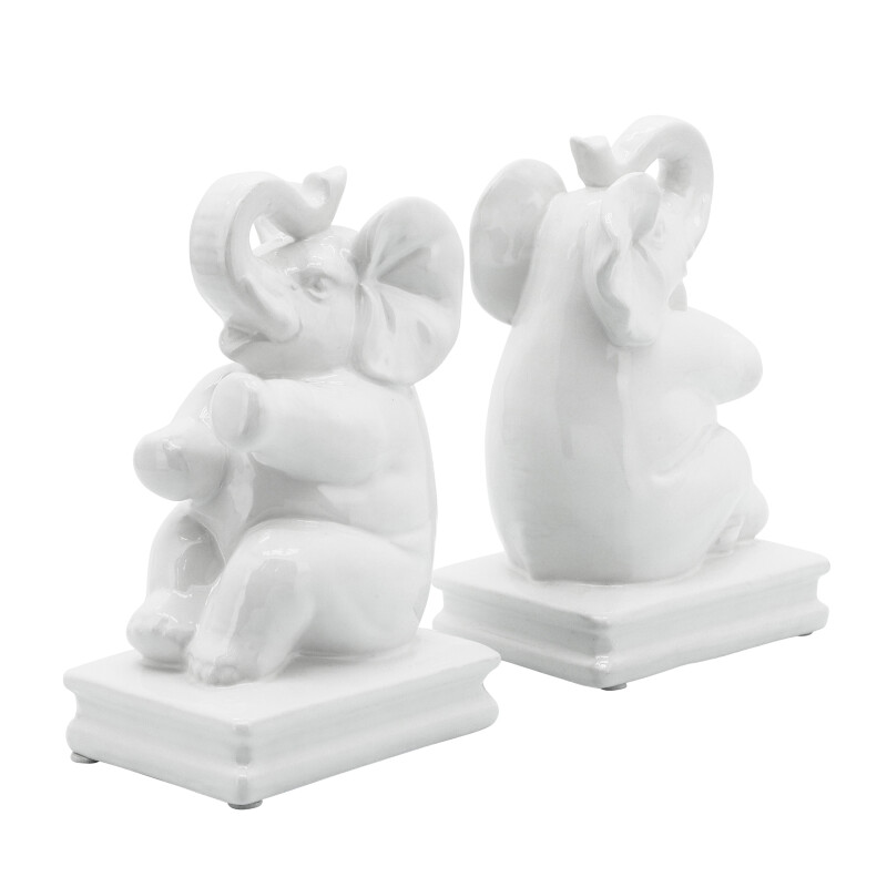 15924-01 White Ceramic S/2 7 Inch Elephant Bookends