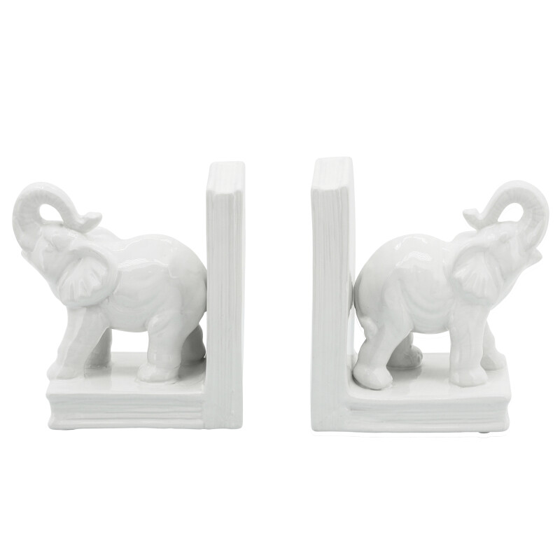 15926-01 White Ceramic S/2 6 Inch Standing Elephant Bookends