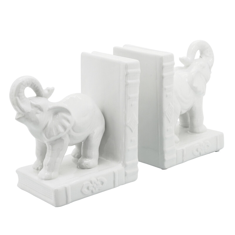 15926-01 White Ceramic S/2 6 Inch Standing Elephant Bookends