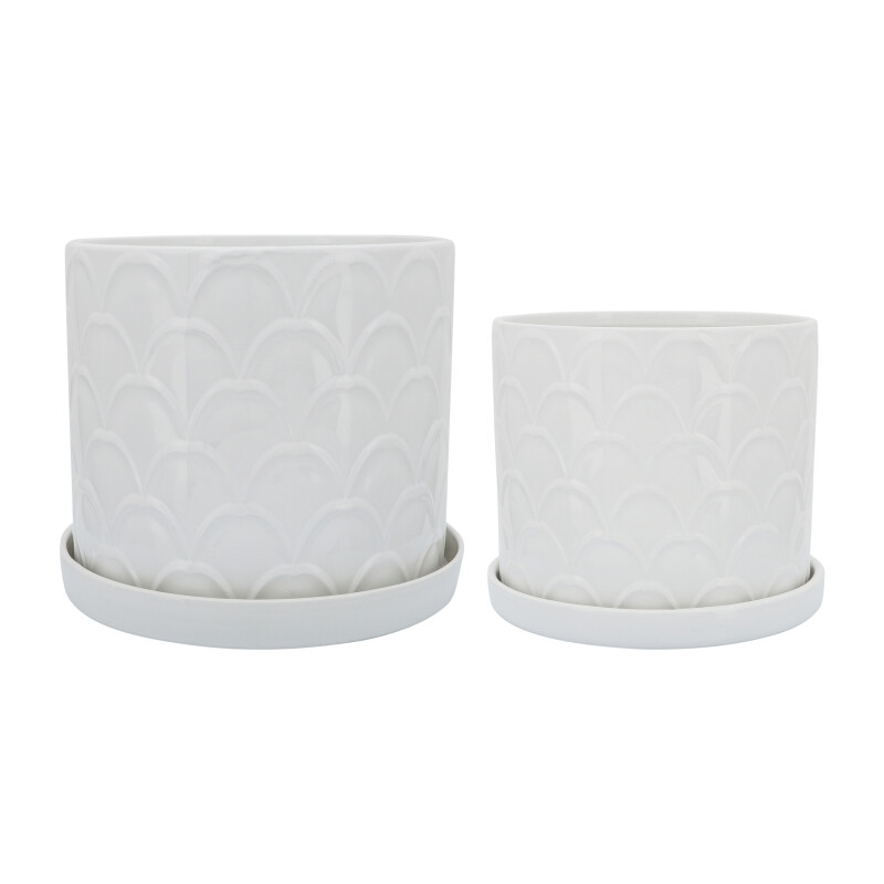 10/12 Inch Scaly Planter W/ Saucer White - Set Of Two