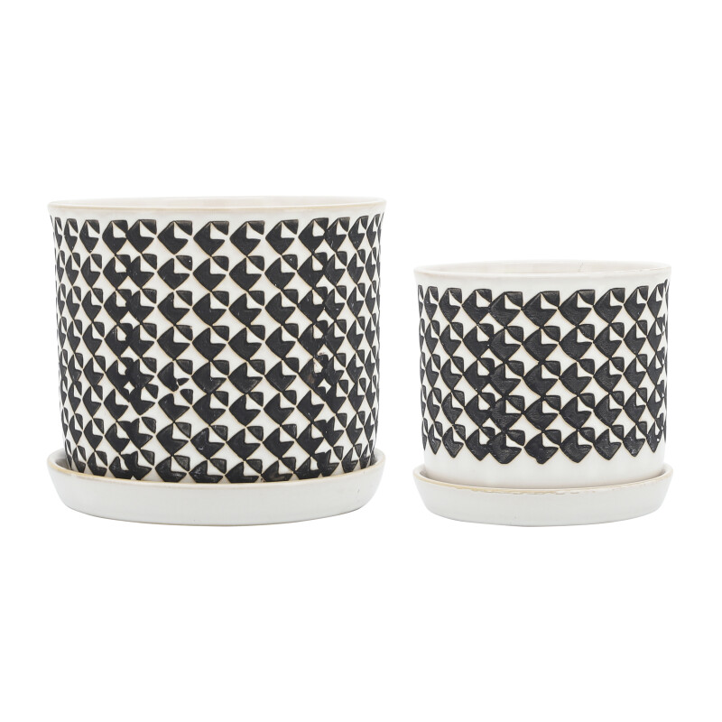 16276-01 6/8 Inch Houndstooth Planter W/ Saucer Beige - Set Of Two