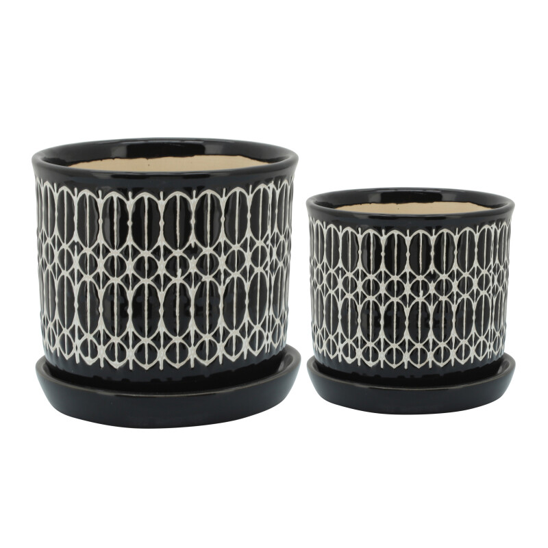 6/8 Inch Tribal Planter W/ Saucer Black - Set Of Two