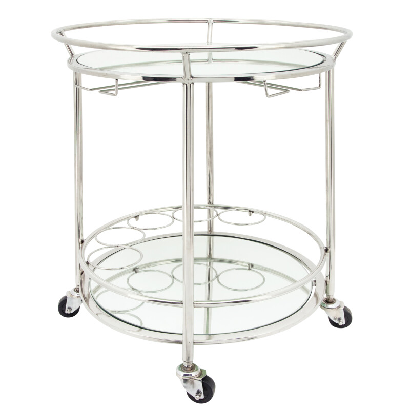16306 01 Silver Two Tier 27 Inch Round Rolling Bar Cart Silver 2