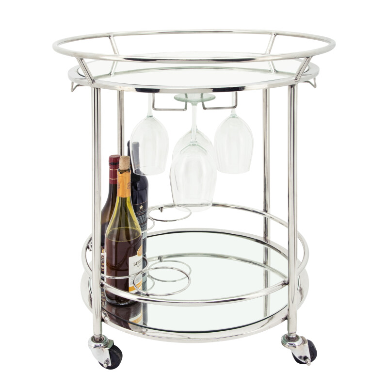 16306-01 Two Tier 27 Inch Round Rolling Bar Cart Silver