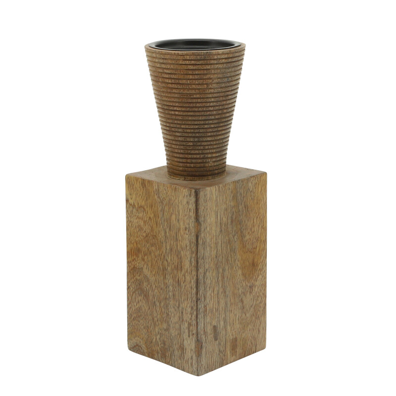 16370-02 Geometric Candle Holder Brown Wood 11"H