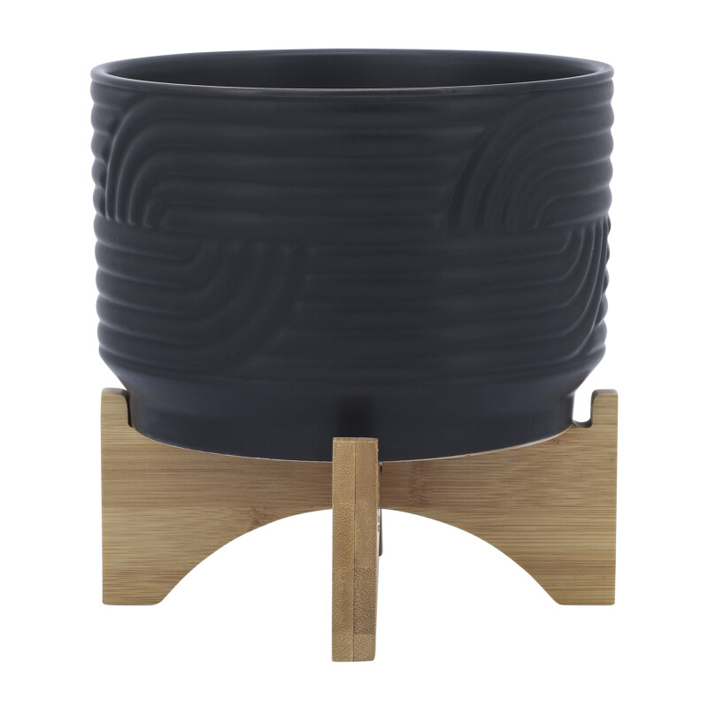 16380-02 Black Ceramic 7 Inch Abstract Planter On Stand