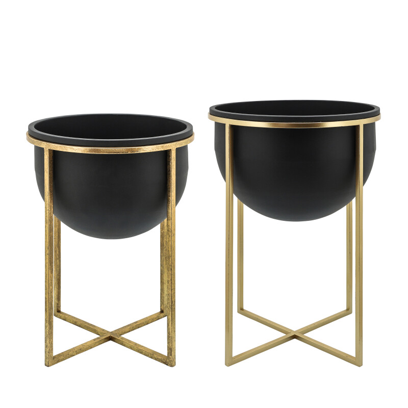 16391-01 Metal 11/12 Inch Planters W/ Stand Blk/Gold - Set Of Two