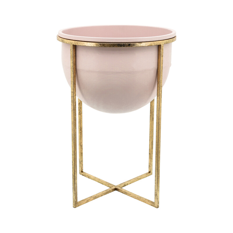 16391-03 Metal 11/12 Inch Planters W/ Stand Pink/Gold - Set Of Two