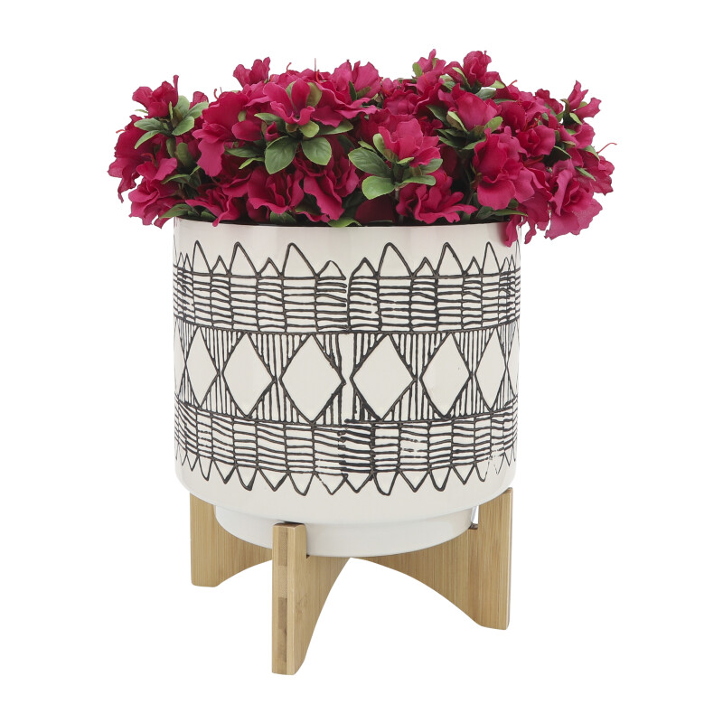 16401-01 Ceramic 10 Inch Aztec Planter On Wooden Stand Gray