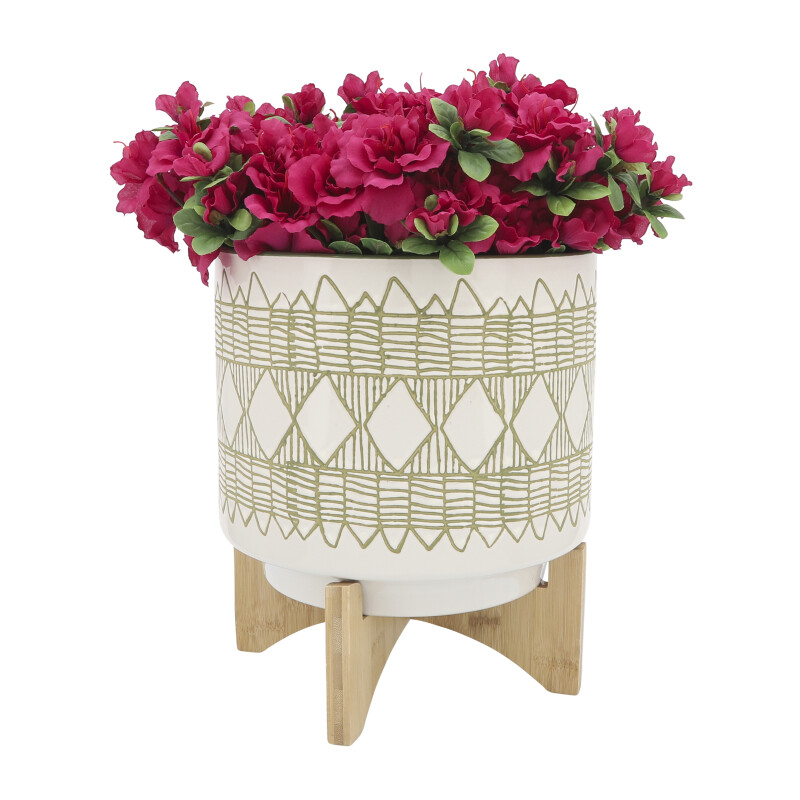 16401-09 Ceramic 5 Inch Aztec Planter On Wooden Stand Olive