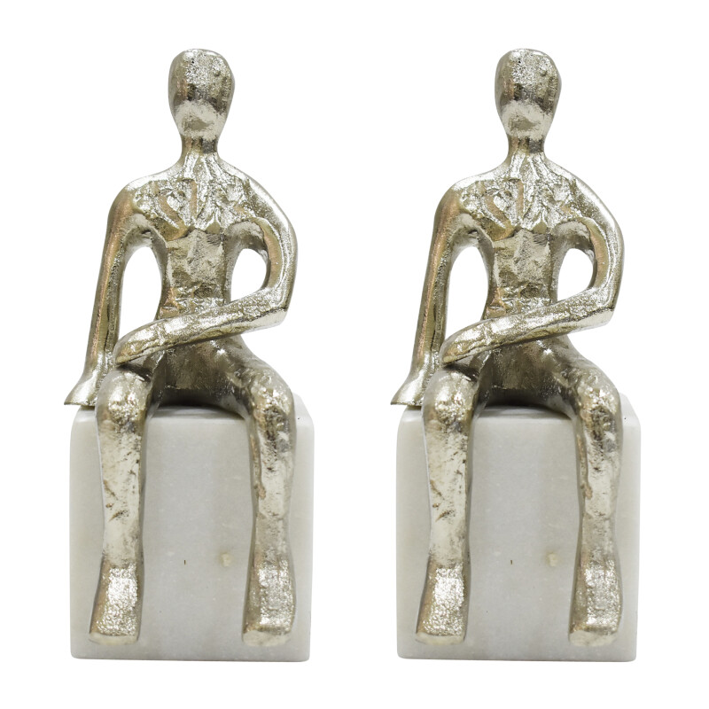 16509-02 Metal/Marble Sitting Man Bookends Silver - Set Of Two