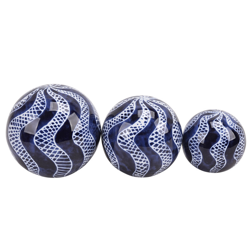 16551-04 4/5/6 Inch Blue Ceramic Swirly Orbs - Set Of Three