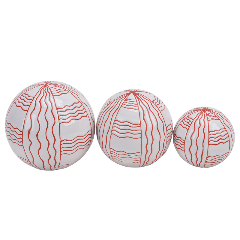 16551-06 4/5/6 Inch Wht/Red Ceramic Curvy Line Painted Orbs - Set Of Three