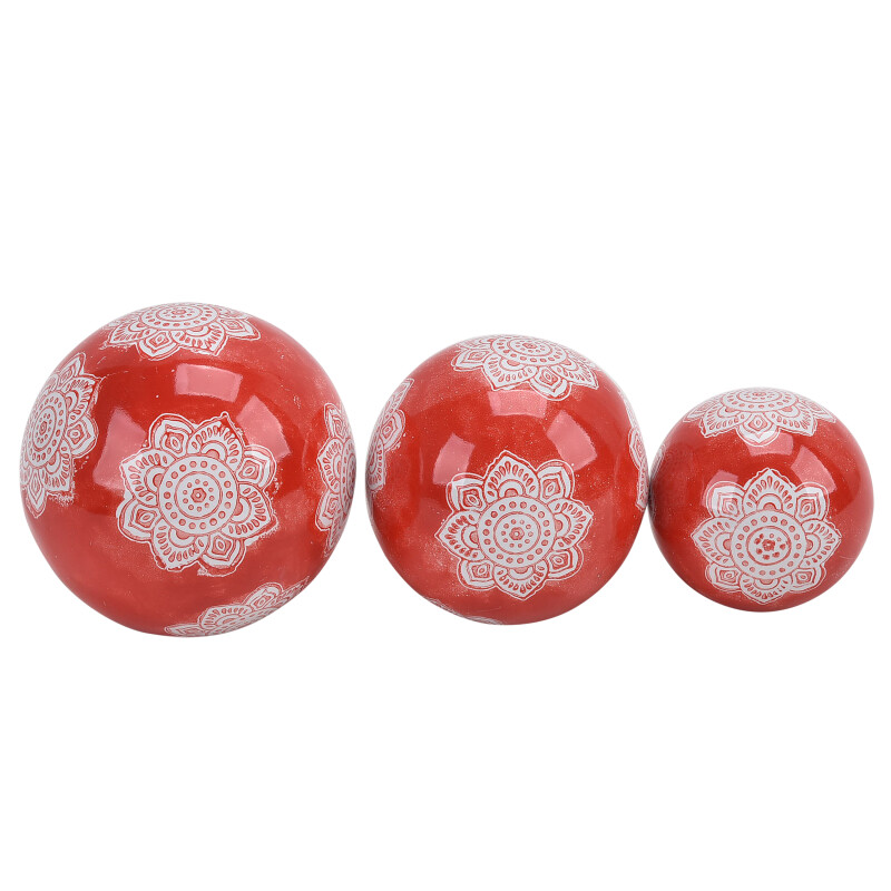 16551-09 4/5/6 Inch Red Ceramic Lotus Orbs - Set Of Three