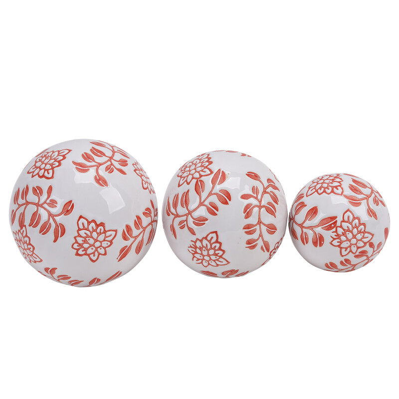 16551-10 4/5/6 Inch White/Red Ceramic Fern Flower Orbs - Set Of Three