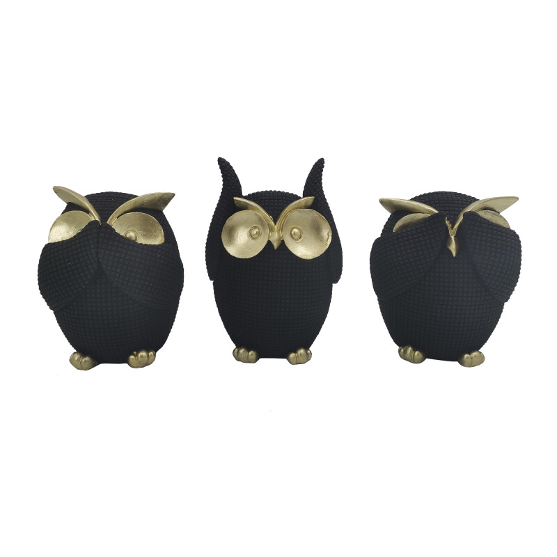 16556-03 Black Resin 8 Inch No Evil Owls - Set Of Three