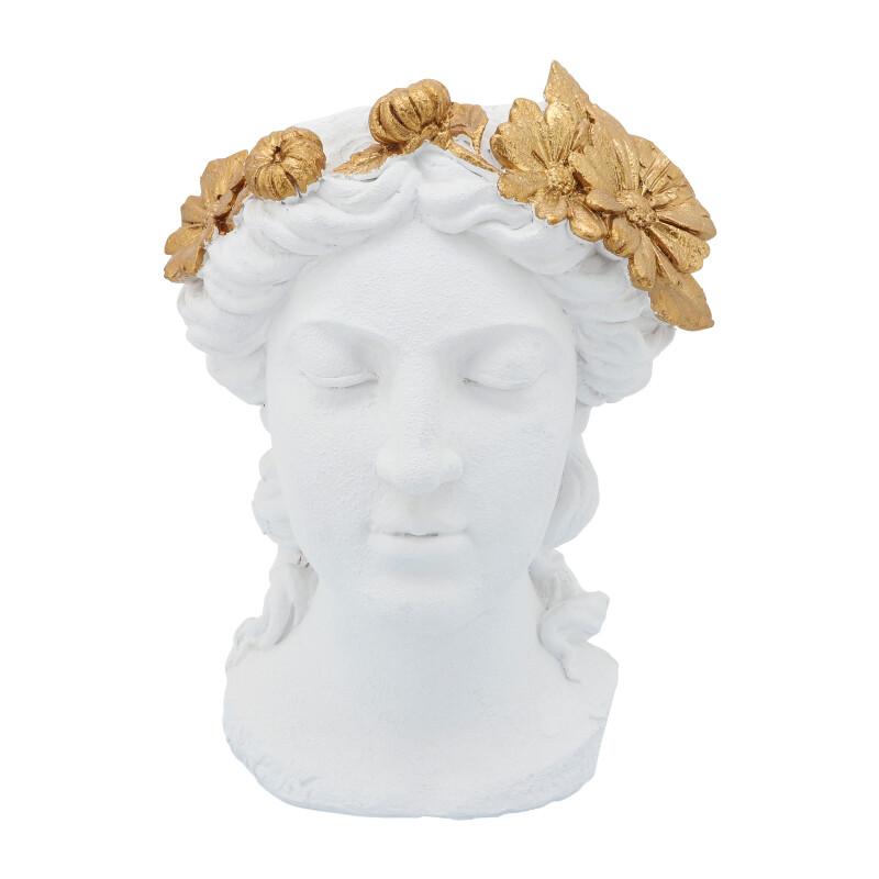 16755-03 White/Gold Resin 16 Inch Daisies Lady Head Planter