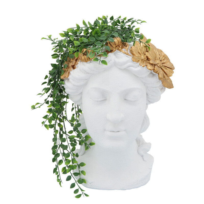 16755-03 White/Gold Resin 16 Inch Daisies Lady Head Planter