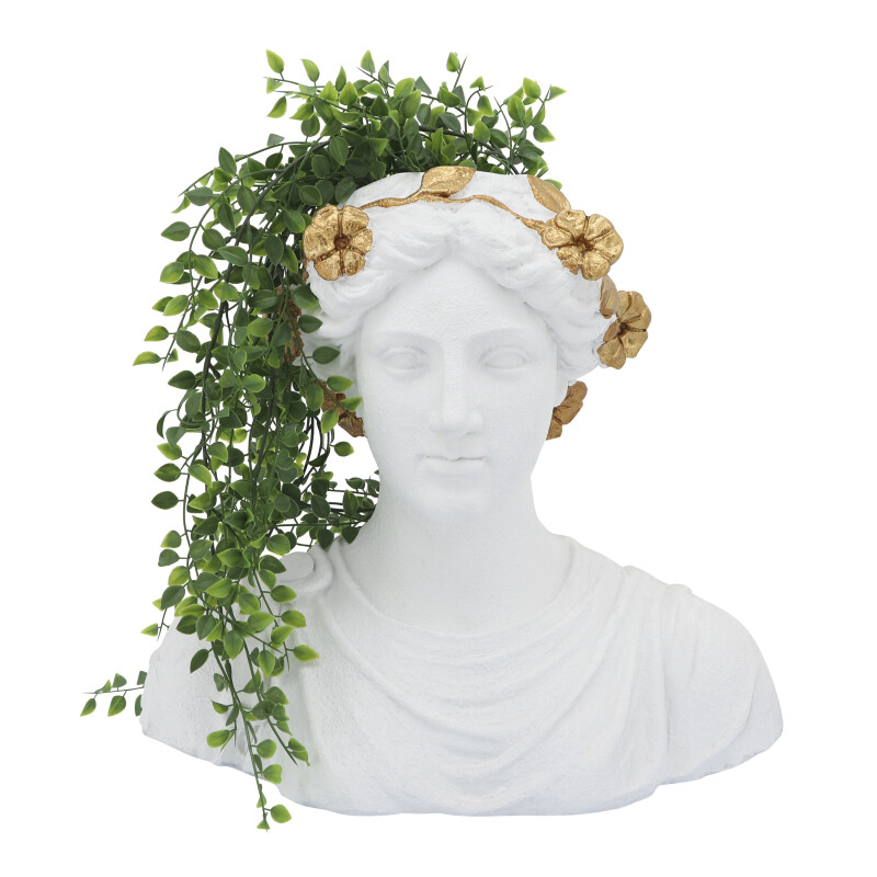 16755 White/Gold Resin 15 Inch Flower Lady Bust Planter