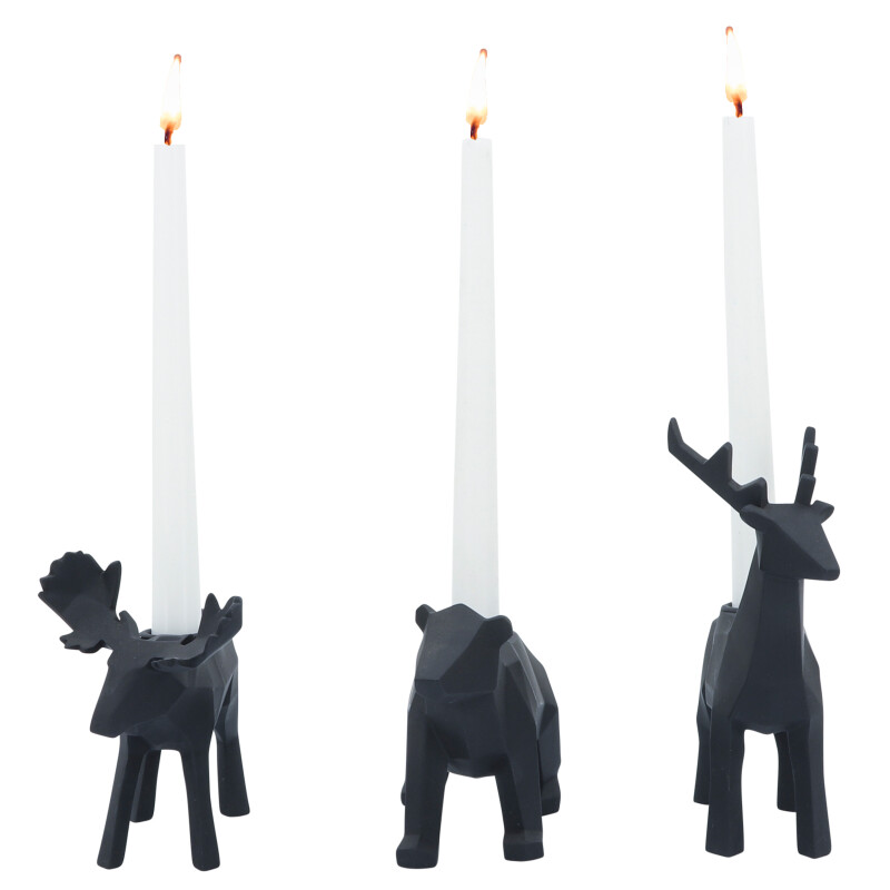 16905-01 Black Resin 7 Inch Forest Animals Candle Holder - Set Of Three