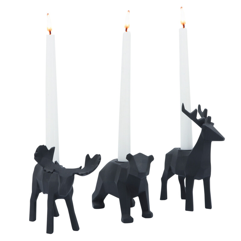 16905-01 Black Resin 7 Inch Forest Animals Candle Holder - Set Of Three