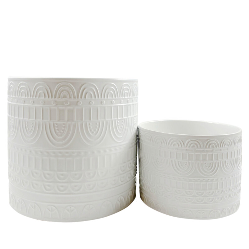 16965 White Ceramic S/2 8/10 Inch Tribal Planters