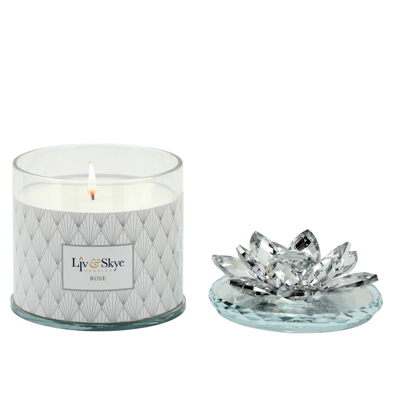 80060-01 Crystal 5 Inch Soy Candle Lotus Box Silver