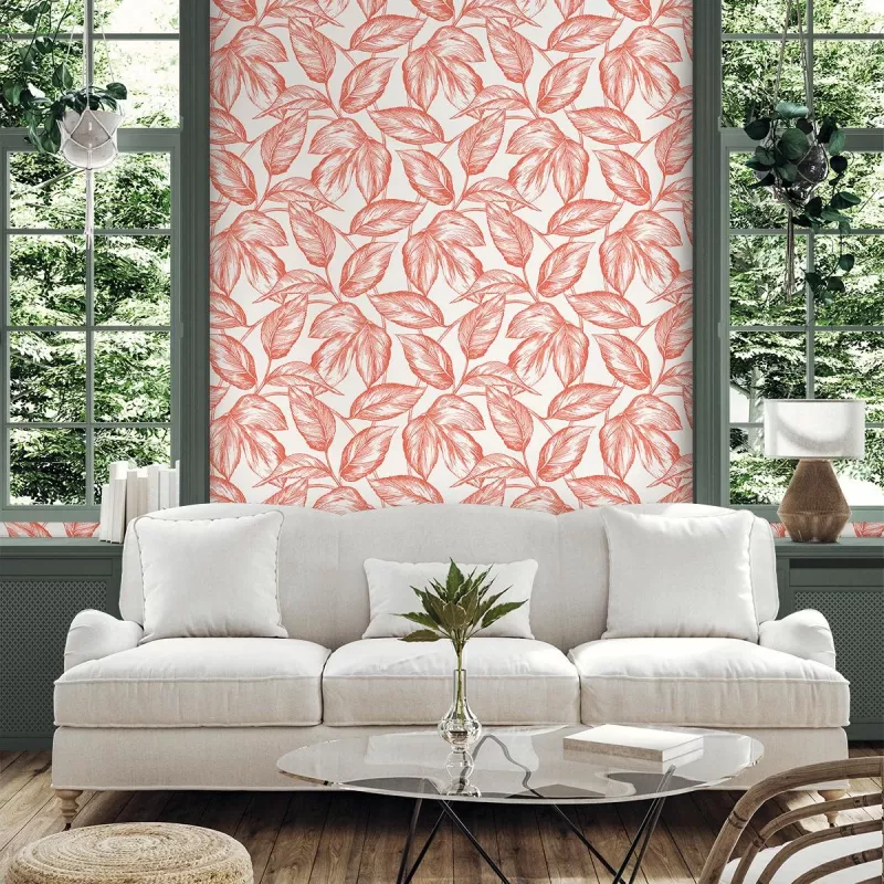 Seabrook Designs Beckett Sketched Leaves Rich Coral