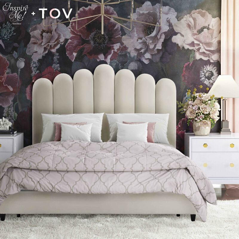 TOV-B6310 Celine Cream Velvet Bed in Queen