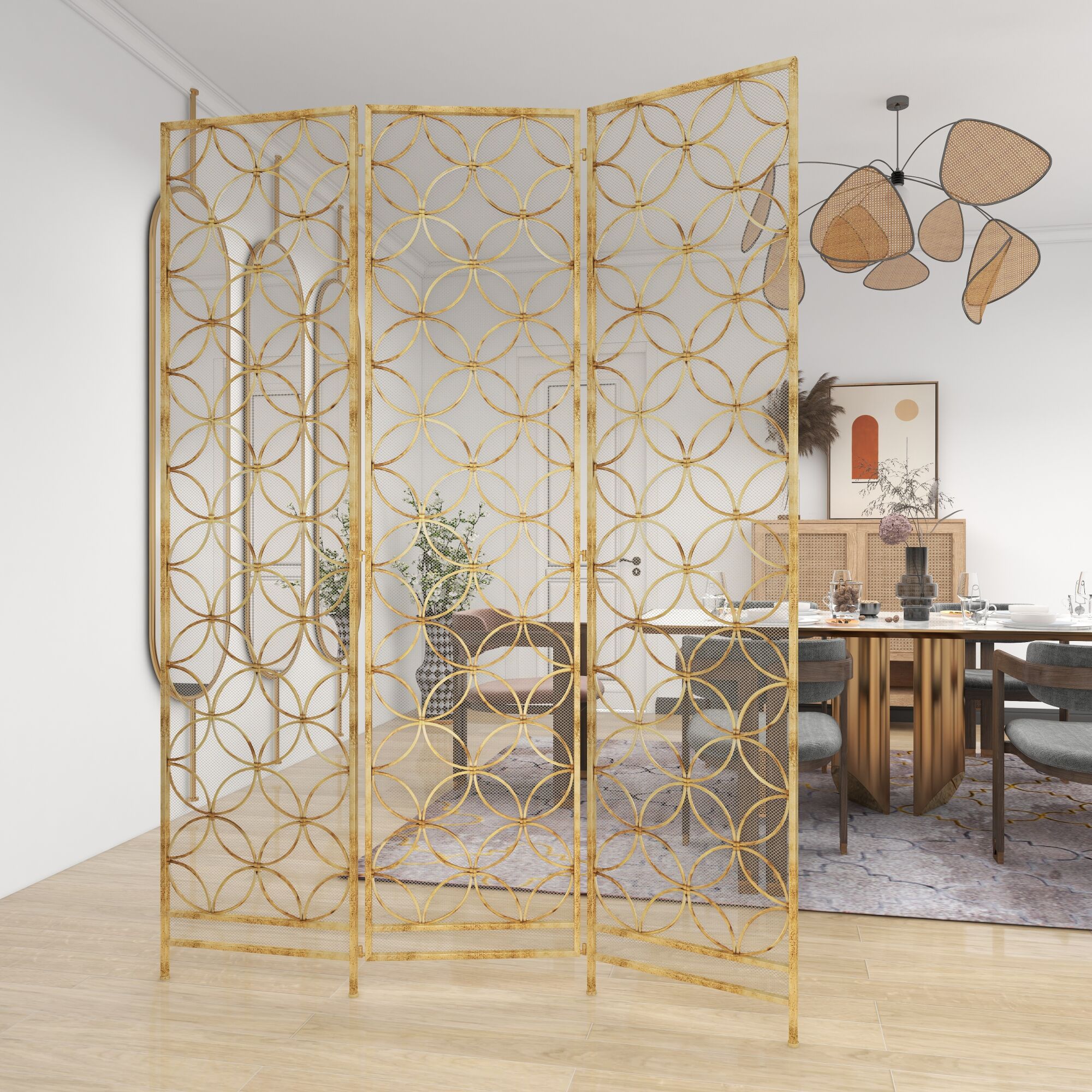 Brass Metal Modern Room Divider Screen, 79  x 57  x 1  in Brass