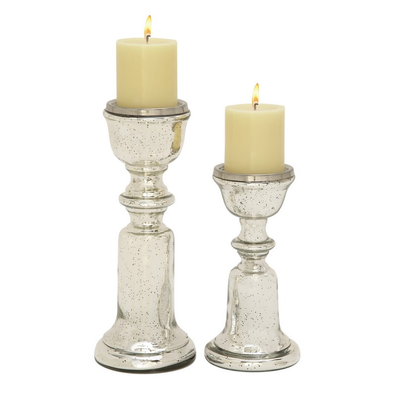 Set of 2 Silver Glass Traditional Candle Holder, 9", 12"
