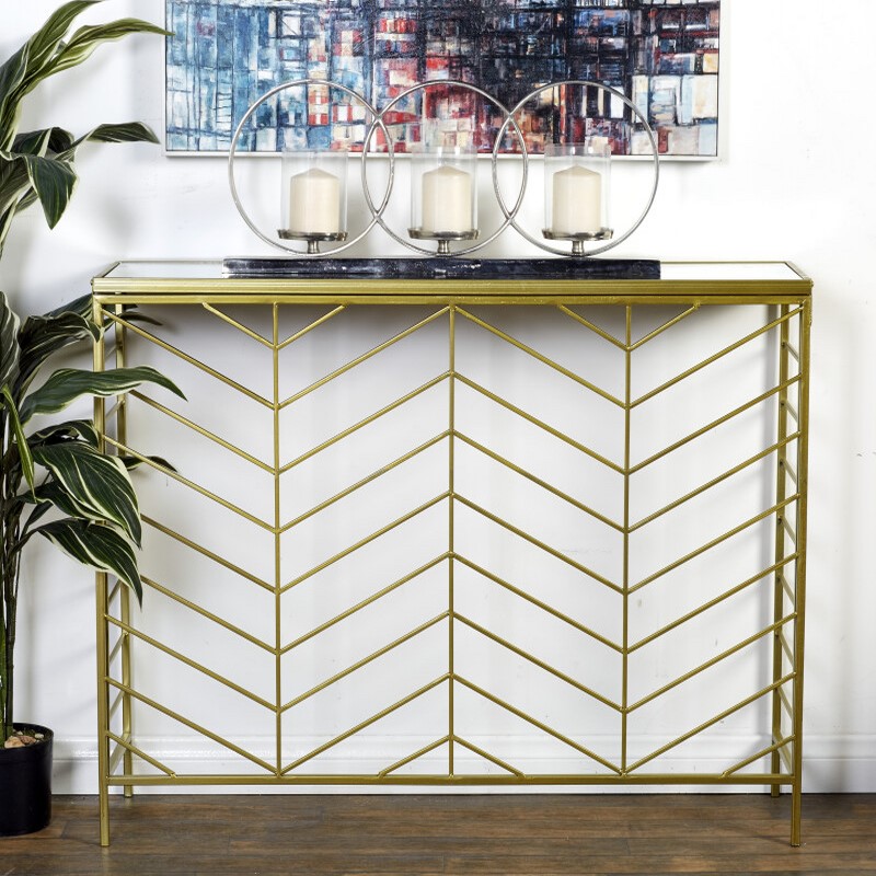 604133 Set of 2 Gold Metal Contemporary Console Table, 39", 42"