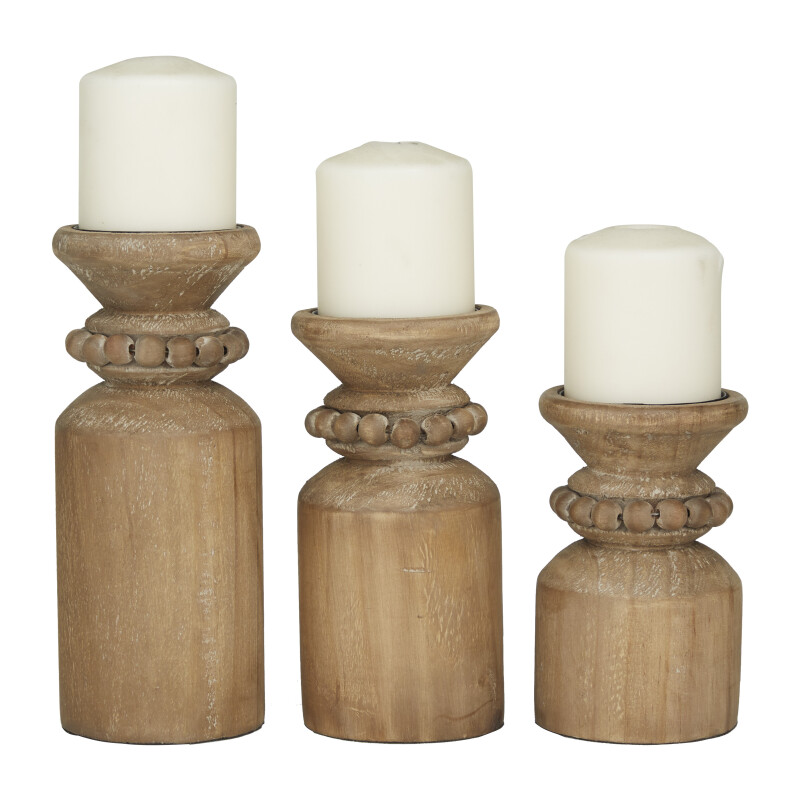 600016 Brown Wood Traditional Candle Holder Set of 3