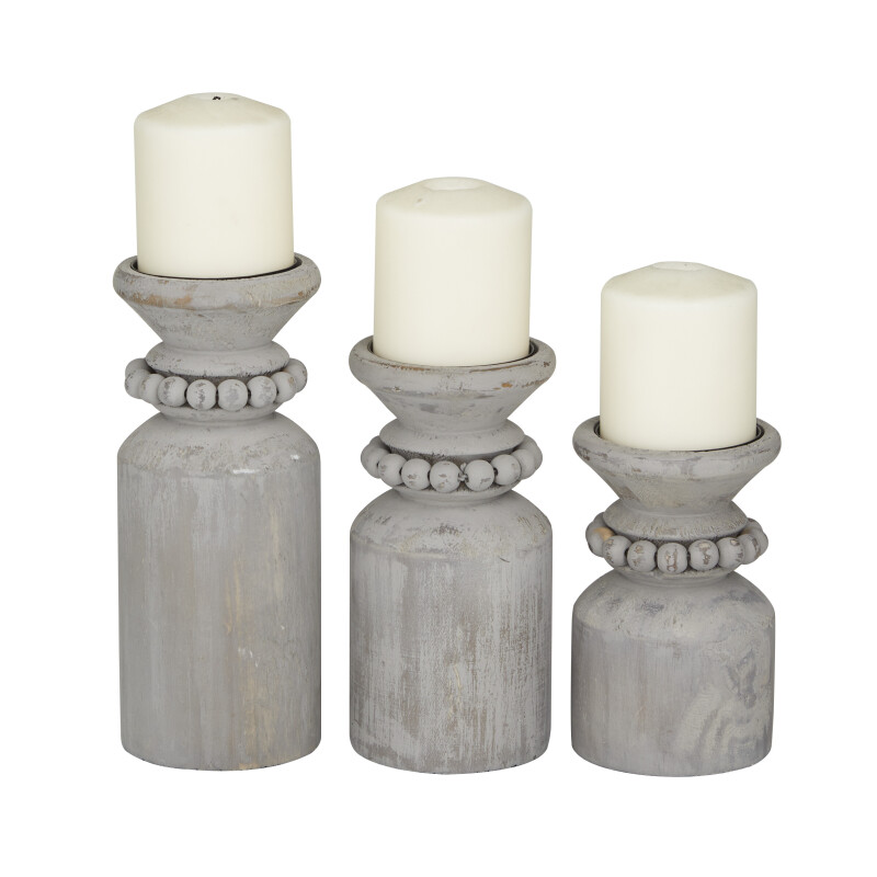600017 Grey Wood Traditional Candle Holder Set of 3
