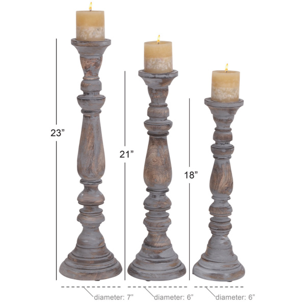 600066 Blue Set Of 3 Brown Wood Traditional Candle Holder 1