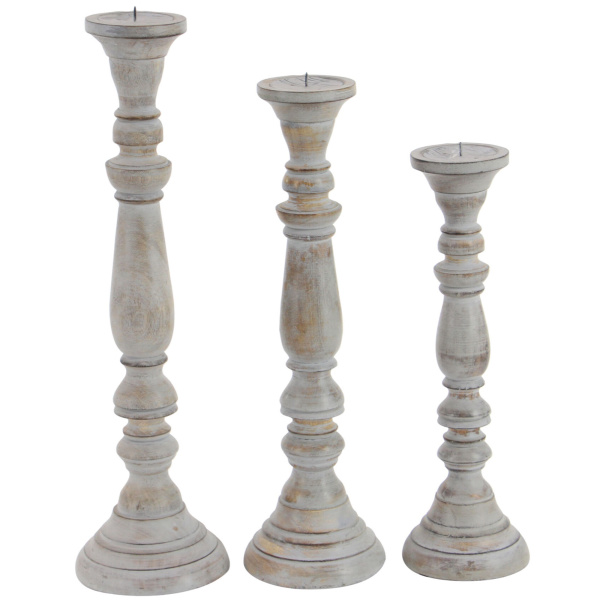 600066 Blue Set Of 3 Brown Wood Traditional Candle Holder 7